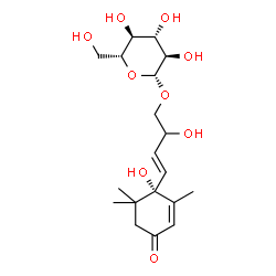 ChemSpider 2D Image | (3E)-2-Hydroxy-4-[(1S)-1-hydroxy-2,6,6-trimethyl-4-oxo-2-cyclohexen-1-yl]-3-buten-1-yl beta-D-glucopyranoside | C19H30O9