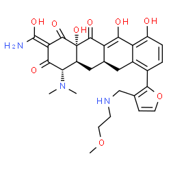 ChemSpider 2D Image | (2Z,4S,4aS,5aR,12aS)-2-[Amino(hydroxy)methylene]-4-(dimethylamino)-10,11,12a-trihydroxy-7-(3-{[(2-methoxyethyl)amino]methyl}-2-furyl)-4a,5a,6,12a-tetrahydro-1,3,12(2H,4H,5H)-tetracenetrione | C29H33N3O9