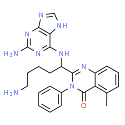 ChemSpider 2D Image | 2-{5-Amino-1-[(2-amino-7H-purin-6-yl)amino]pentyl}-5-methyl-3-phenyl-4(3H)-quinazolinone | C25H27N9O