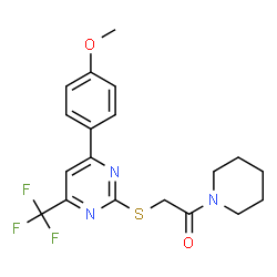 ChemSpider 2D Image | 2-{[4-(4-Methoxyphenyl)-6-(trifluoromethyl)-2-pyrimidinyl]sulfanyl}-1-(1-piperidinyl)ethanone | C19H20F3N3O2S