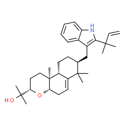 ChemSpider 2D Image | 2-[(3S,4aS,8S,10aR,10bS)-7,7,10b-Trimethyl-8-{[2-(2-methyl-3-buten-2-yl)-1H-indol-3-yl]methyl}-2,3,4a,5,7,8,9,10,10a,10b-decahydro-1H-benzo[f]chromen-3-yl]-2-propanol | C33H47NO2