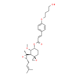 ChemSpider 2D Image | (3R,4S,5S,6R)-5-Methoxy-4-[(2S,3S)-2-methyl-3-(3-methyl-2-buten-1-yl)-2-oxiranyl]-1-oxaspiro[2.5]oct-6-yl (2E)-3-[4-(4-hydroxybutoxy)phenyl]acrylate | C29H40O7