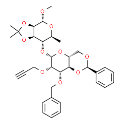ChemSpider 2D Image | Methyl 4-O-[3-O-benzyl-4,6-O-benzylidene-2-O-(2-propyn-1-yl)-beta-D-mannopyranosyl]-6-deoxy-2,3-O-isopropylidene-alpha-L-mannopyranoside | C33H40O10