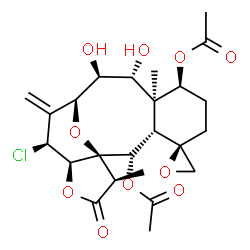 ChemSpider 2D Image | (1R,2S,3S,4R,7S,8S,9R,10S,11S,13S,14R,17R)-13-Chloro-9,10-dihydroxy-8,17-dimethyl-12-methylene-16-oxospiro[15,18-dioxatetracyclo[9.6.1.0~1,14~.0~3,8~]octadecane-4,2'-oxirane]-2,7-diyl diacetate | C24H31ClO10