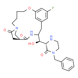 ChemSpider 2D Image | (6S)-3-[(S)-[(2S)-4-Benzyl-3-oxo-2-piperazinyl](hydroxy)methyl]-17-fluoro-14-oxa-4,9-diazatricyclo[13.3.1.1~6,9~]icosa-1(19),15,17-triene-5,8-dione | C29H35FN4O5