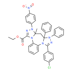 ChemSpider 2D Image | Ethyl 12-(4-chlorophenyl)-8a-methyl-8-(4-nitrophenyl)-9a,10-diphenyl-8a,9,9a,10-tetrahydro-8H-bis[1,2,4]triazolo[4,3-a:3',4'-d][1,5]benzodiazepine-6-carboxylate | C39H32ClN7O4