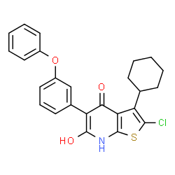 ChemSpider 2D Image | 2-chloro-3-cyclohexyl-4-hydroxy-5-(3-phenoxyphenyl)thieno[2,3-b]pyridin-6(7H)-one | C25H22ClNO3S