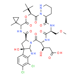 ChemSpider 2D Image | (3R)-3-[(4aS,7S,10R,12aS,17bR,18aS,21R,24S)-14,15-Dichloro-17b-hydroxy-7-(methoxymethyl)-21-(1-methylcyclopropyl)-24-(2-methyl-2-propanyl)-5,8,11,19,22,25-hexaoxo-1,2,3,4,4a,5,6,7,8,9,10,11,13,17b,18,
18a,19,20,21,22,24,25-docosahydro-12aH-pyridazino[6'',1'':15',16'][1,4,7,10,13,16]oxapentaazacyclooctadecino[7',6':1,5]pyrrolo[2,3-b]indol-10-yl]-3-hydroxypropanoic acid | C37H49Cl2N7O12