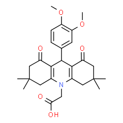 ChemSpider 2D Image | [9-(3,4-Dimethoxyphenyl)-3,3,6,6-tetramethyl-1,8-dioxo-2,3,4,5,6,7,8,9-octahydro-10(1H)-acridinyl]acetic acid | C27H33NO6