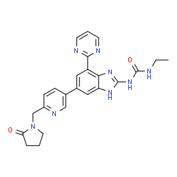 ChemSpider 2D Image | 1-Ethyl-3-[6-{6-[(2-oxo-1-pyrrolidinyl)methyl]-3-pyridinyl}-4-(2-pyrimidinyl)-1H-benzimidazol-2-yl]urea | C24H24N8O2