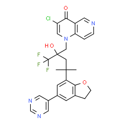 ChemSpider 2D Image | 3-Chloro-1-{2-hydroxy-4-methyl-4-[5-(5-pyrimidinyl)-2,3-dihydro-1-benzofuran-7-yl]-2-(trifluoromethyl)pentyl}-1,6-naphthyridin-4(1H)-one | C27H24ClF3N4O3