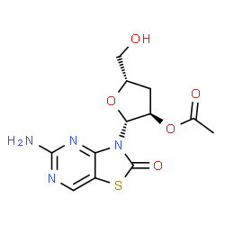 ChemSpider 2D Image | 3-(2-O-Acetyl-3-deoxy-beta-D-erythro-pentofuranosyl)-5-amino[1,3]thiazolo[4,5-d]pyrimidin-2(3H)-one | C12H14N4O5S