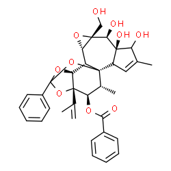 ChemSpider 2D Image | (1R,2R,6R,7S,8R,10S,11S,12S,16S,17R,18R)-5,6,7-Trihydroxy-8-(hydroxymethyl)-16-isopropenyl-4,18-dimethyl-14-phenyl-9,13,15,19-tetraoxahexacyclo[12.4.1.0~1,11~.0~2,6~.0~8,10~.0~12,16~]nonadec-3-en-17-y
l benzoate | C34H36O10