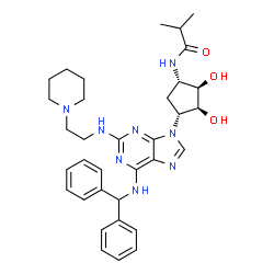 ChemSpider 2D Image | N-[(1S,2R,3S,4R)-4-(6-[(Diphenylmethyl)amino]-2-{[2-(1-piperidinyl)ethyl]amino}-9H-purin-9-yl)-2,3-dihydroxycyclopentyl]-2-methylpropanamide | C34H44N8O3