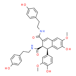 ChemSpider 2D Image | (1R,2R)-7-Hydroxy-1-(4-hydroxy-3-methoxyphenyl)-N,N'-bis[2-(4-hydroxyphenyl)ethyl]-6-methoxy-1,2-dihydro-2,3-naphthalenedicarboxamide | C36H36N2O8
