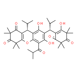 ChemSpider 2D Image | (9R)-6,8-Dihydroxy-7-[(1S)-1-(2-hydroxy-3,3,5,5-tetramethyl-4,6-dioxo-1-cyclohexen-1-yl)-2-methylpropyl]-5-isobutyryl-9-isopropyl-2,2,4,4-tetramethyl-4,9-dihydro-1H-xanthene-1,3(2H)-dione | C38H50O9