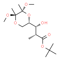 ChemSpider 2D Image | 2-Methyl-2-propanyl (2R,3R)-3-[(2S,5R,6R)-5,6-dimethoxy-5,6-dimethyl-1,4-dioxan-2-yl]-3-hydroxy-2-methylpropanoate | C16H30O7