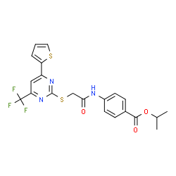 ChemSpider 2D Image | Isopropyl 4-[({[4-(2-thienyl)-6-(trifluoromethyl)-2-pyrimidinyl]sulfanyl}acetyl)amino]benzoate | C21H18F3N3O3S2