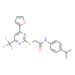 ChemSpider 2D Image | 2-{[4-(2-Furyl)-6-(trifluoromethyl)-2-pyrimidinyl]sulfanyl}-N-(4-isopropylphenyl)acetamide | C20H18F3N3O2S