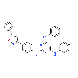 ChemSpider 2D Image | N~2~-(4-Fluorophenyl)-N~4~-{4-[5-(2-furyl)-4,5-dihydro-1,2-oxazol-3-yl]phenyl}-N~6~-phenyl-1,3,5-triazine-2,4,6-triamine | C28H22FN7O2