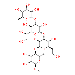 ChemSpider 2D Image | Methyl 6-deoxy-alpha-L-mannopyranosyl-(1->3)-(5R)-5-[(1R)-1,2-dihydroxyethyl]-beta-D-lyxopyranosyl-(1->3)-(5R)-5-(2-hydroxyethyl)-beta-D-lyxopyranosyl-(1->4)-6-deoxy-alpha-L-mannopyranoside | C27H48O20