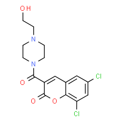 ChemSpider 2D Image | 6,8-Dichloro-3-[4-(2-hydroxy-ethyl)-piperazine-1-carbonyl]-chromen-2-one | C16H16Cl2N2O4