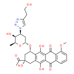 ChemSpider 2D Image | (1S,3S)-3-Acetyl-3,5,12-trihydroxy-10-methoxy-6,11-dioxo-1,2,3,4,6,11-hexahydro-1-tetracenyl 2,3,6-trideoxy-3-[4-(2-hydroxyethyl)-1H-1,2,3-triazol-1-yl]-alpha-L-lyxo-hexopyranoside | C31H33N3O11