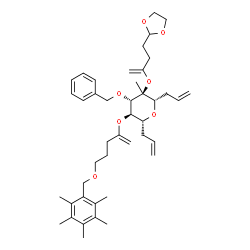 ChemSpider 2D Image | (1S,5R)-1,5-Diallyl-1,5-anhydro-3-O-benzyl-2-O-[4-(1,3-dioxolan-2-yl)-1-buten-2-yl]-2-C-methyl-4-O-{5-[(pentamethylbenzyl)oxy]-1-penten-2-yl}-D-xylitol | C43H60O7