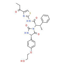 ChemSpider 2D Image | (2S,3S)-2-{(4S)-4-[4-(2-Hydroxyethoxy)phenyl]-2,5-dioxo-1-imidazolidinyl}-3-phenyl-N-(4-propionyl-1,3-thiazol-2-yl)butanamide | C27H28N4O6S
