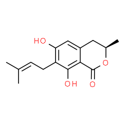 ChemSpider 2D Image | (3R)-6,8-Dihydroxy-3-methyl-7-(3-methyl-2-buten-1-yl)-3,4-dihydro-1H-isochromen-1-one | C15H18O4