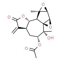 ChemSpider 2D Image | (3aS,5R,6R,6aS,7aR,7bS,8aR,8bS,8cS)-6-Hydroxy-6,8a-dimethyl-3-methylene-2-oxodecahydro-4H-bisoxireno[2,3:1,8a]azuleno[4,5-b]furan-5-yl acetate | C17H20O7