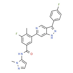 ChemSpider 2D Image | 3-Fluoro-5-[3-(4-fluorophenyl)-1H-pyrazolo[4,3-c]pyridin-6-yl]-4-methyl-N-(1-methyl-1H-pyrazol-5-yl)benzamide | C24H18F2N6O