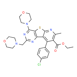 ChemSpider 2D Image | Ethyl 9-(4-chlorophenyl)-7-methyl-4-(4-morpholinyl)-2-(4-morpholinylmethyl)pyrido[3',2':4,5]thieno[3,2-d]pyrimidine-8-carboxylate | C28H30ClN5O4S