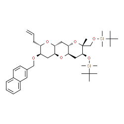 ChemSpider 2D Image | {[(2R,3S,4aR,5aS,7R,8S,9aR,10aS)-8-Allyl-2-({[dimethyl(2-methyl-2-propanyl)silyl]oxy}methyl)-2-methyl-7-(2-naphthylmethoxy)decahydro-2H-dipyrano[3,2-b:2',3'-e]pyran-3-yl]oxy}(dimethyl)(2-methyl-2-prop
anyl)silane | C39H62O6Si2
