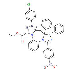 ChemSpider 2D Image | Ethyl 8-(4-chlorophenyl)-8a-methyl-12-(4-nitrophenyl)-9a,10-diphenyl-8a,9,9a,10-tetrahydro-8H-bis[1,2,4]triazolo[4,3-a:3',4'-d][1,5]benzodiazepine-6-carboxylate | C39H32ClN7O4