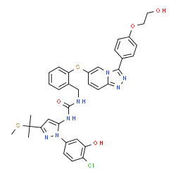 ChemSpider 2D Image | 1-{1-(4-Chloro-3-hydroxyphenyl)-3-[2-(methylsulfanyl)-2-propanyl]-1H-pyrazol-5-yl}-3-[2-({3-[4-(2-hydroxyethoxy)phenyl][1,2,4]triazolo[4,3-a]pyridin-6-yl}sulfanyl)benzyl]urea | C35H34ClN7O4S2