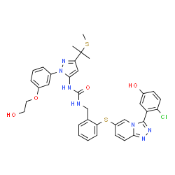 ChemSpider 2D Image | 1-(2-{[3-(2-Chloro-5-hydroxyphenyl)[1,2,4]triazolo[4,3-a]pyridin-6-yl]sulfanyl}benzyl)-3-{1-[3-(2-hydroxyethoxy)phenyl]-3-[2-(methylsulfanyl)-2-propanyl]-1H-pyrazol-5-yl}urea | C35H34ClN7O4S2