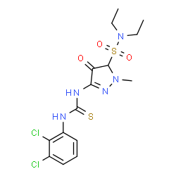 ChemSpider 2D Image | 3-{[(2,3-Dichlorophenyl)carbamothioyl]amino}-N,N-diethyl-1-methyl-4-oxo-4,5-dihydro-1H-pyrazole-5-sulfonamide | C15H19Cl2N5O3S2