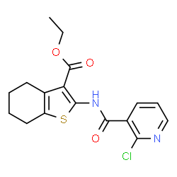 ChemSpider 2D Image | Ethyl 2-{[(2-chloro-3-pyridinyl)carbonyl]amino}-4,5,6,7-tetrahydro-1-benzothiophene-3-carboxylate | C17H17ClN2O3S