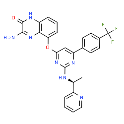 ChemSpider 2D Image | 3-Amino-5-[(2-{[(1S)-1-(2-pyridinyl)ethyl]amino}-6-[4-(trifluoromethyl)phenyl]-4-pyrimidinyl)oxy]-2(1H)-quinoxalinone | C26H20F3N7O2