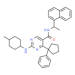 ChemSpider 2D Image | 2-[(4-Methylcyclohexyl)amino]-N-[1-(1-naphthyl)ethyl]-4-(1-phenylcyclopentyl)-5-pyrimidinecarboxamide | C35H40N4O