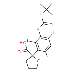 ChemSpider 2D Image | 2-[2,4,6-Triiodo-3-({[(2-methyl-2-propanyl)oxy]carbonyl}amino)phenyl]tetrahydro-2-furancarboxylic acid | C16H18I3NO5