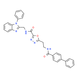ChemSpider 2D Image | 5-{2-[(4-Biphenylylcarbonyl)amino]ethyl}-N-[(1-phenyl-1H-benzimidazol-2-yl)methyl]-1,3,4-oxadiazole-2-carboxamide | C32H26N6O3