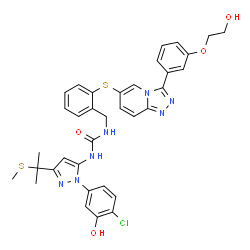 ChemSpider 2D Image | 1-{1-(4-Chloro-3-hydroxyphenyl)-3-[2-(methylsulfanyl)-2-propanyl]-1H-pyrazol-5-yl}-3-[2-({3-[3-(2-hydroxyethoxy)phenyl][1,2,4]triazolo[4,3-a]pyridin-6-yl}sulfanyl)benzyl]urea | C35H34ClN7O4S2
