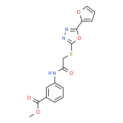 ChemSpider 2D Image | Methyl 3-[({[5-(2-furyl)-1,3,4-oxadiazol-2-yl]sulfanyl}acetyl)amino]benzoate | C16H13N3O5S