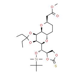 ChemSpider 2D Image | Methyl [(3aR,4R,5aS,8R,9aS,9bS)-4-{(S)-{[dimethyl(2-methyl-2-propanyl)silyl]oxy}[(4R)-2-thioxo-1,3-dioxolan-4-yl]methyl}-2,2-diethyloctahydro[1,3]dioxolo[4,5-d]pyrano[3,2-b]pyran-8-yl]acetate | C26H44O9SSi
