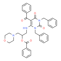 ChemSpider 2D Image | 1-[(5-Benzoyl-1,3-dibenzyl-2,6-dioxo-1,2,3,6-tetrahydro-4-pyrimidinyl)amino]-3-(4-morpholinyl)-2-propanyl benzoate | C39H38N4O6