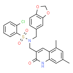 ChemSpider 2D Image | N-(1,3-Benzodioxol-5-ylmethyl)-2-chloro-N-[(5,7-dimethyl-2-oxo-1,2-dihydro-3-quinolinyl)methyl]benzenesulfonamide | C26H23ClN2O5S