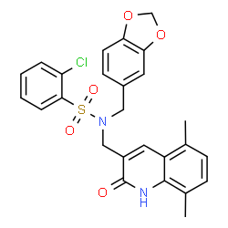 ChemSpider 2D Image | N-(1,3-Benzodioxol-5-ylmethyl)-2-chloro-N-[(5,8-dimethyl-2-oxo-1,2-dihydro-3-quinolinyl)methyl]benzenesulfonamide | C26H23ClN2O5S