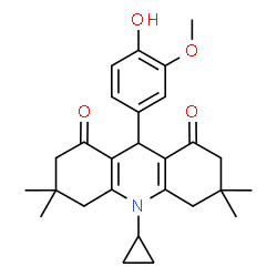 ChemSpider 2D Image | 10-Cyclopropyl-9-(4-hydroxy-3-methoxyphenyl)-3,3,6,6-tetramethyl-3,4,6,7,9,10-hexahydro-1,8(2H,5H)-acridinedione | C27H33NO4
